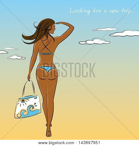 Beautiful sexy tanned girl in bikini with a beach bag in hand vector illustration