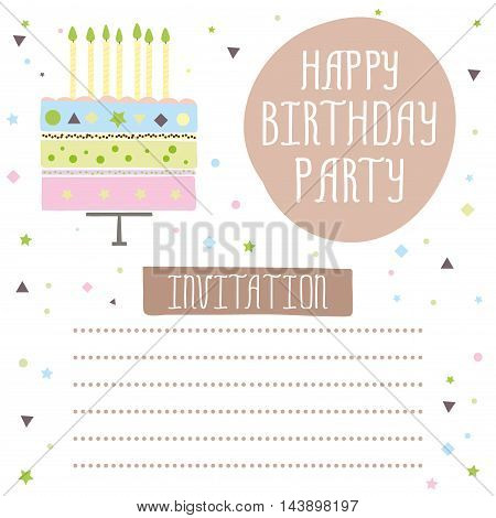 Happy birthday cute invitation card with cakecandles. Vector illustration