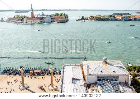 Aerial view on San Giorgio Maggiore island from San Mark's Campanille in Venice