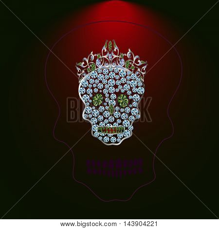 Skull of precious stones on a blue background. With tiara of brilliant