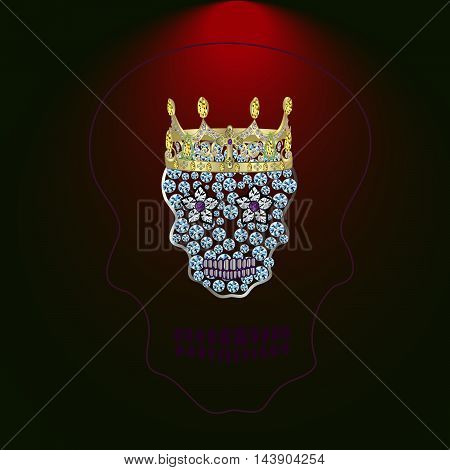 Skull of precious stones on a blue background. With tiara of brilliant