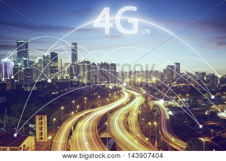 city scape and connection concept and 4g LTE font