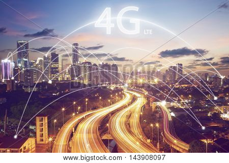 Cityscape and connection concept and 4G LTE font