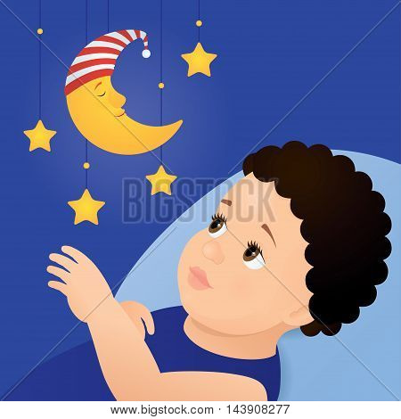 Vector illustration of a baby with brown eyes and dark curly hair lying on a blue pillow and looking at mobile toy with yellow moon and stars. Square format, blue background, close up.