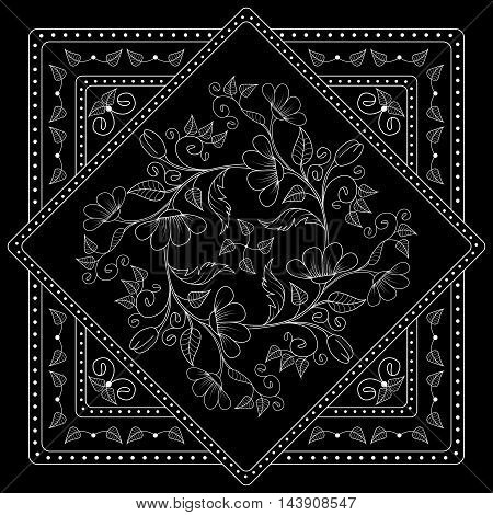 Black And White  Bandana Print With Floral Pattern. Square Pattern Design For Pillow, Carpet, Rug. D