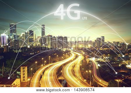 Cityscape and connection concept and 4G LTE font