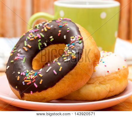 Doghnut And Coffee Means Fatty Food And Break