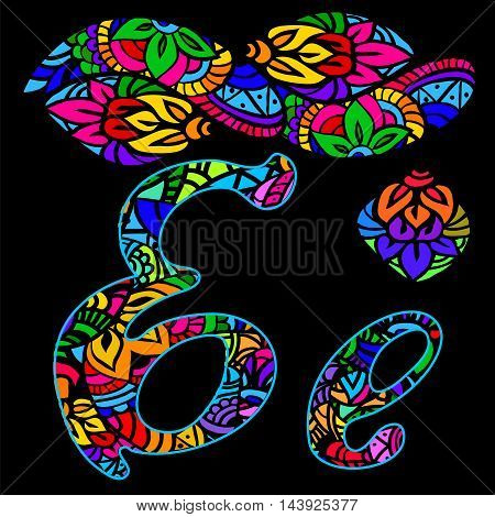 vector capital and small letters A with abstract ethnic patterns. Rich ornate alphabet in orient style. Fancy multicolored letter with a decorative pattern can be used for printing on fabric card