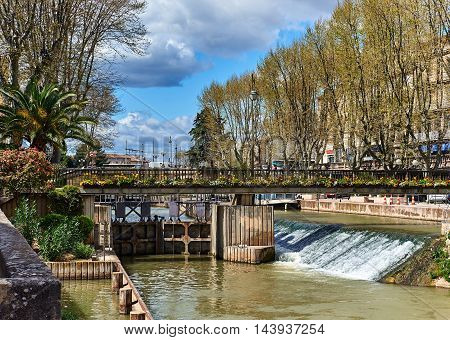 The Canal de la Robine in Narbonne city. Languedoc-Roussillon, France