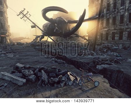 Ruined city by giant insects. Apocalyptic fantasy concept. 3D rendering