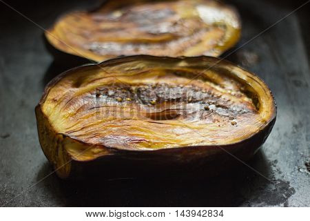 Plane eggplant baked in the oven prepared for salad