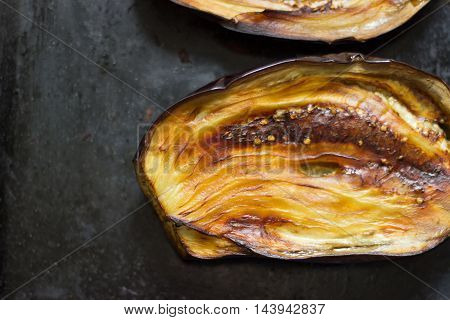 Plane eggplant baked in the oven prepared for salad