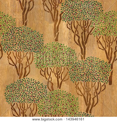 Decorative olive grove - seamless background - wood texture