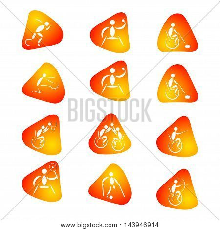 Disabled sports white pictogram invalid people icons set isolated on white. Vector illustration