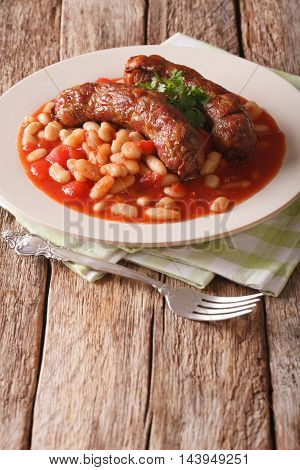 Beans With Grilled Sausage, Traditional European Homemade Meal. Vertical