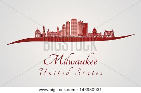 Milwaukee skyline in red and gray background in editable vector file