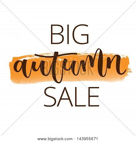 Autumn sale white hand written inscription on orange banner watercolor background