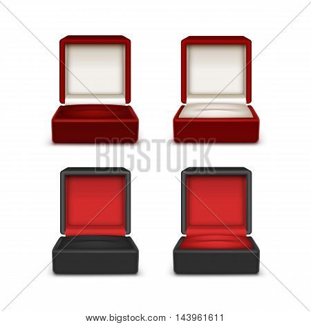 Vector Set of Empty Colored Red Black and White Velvet Opened gift jewelry boxes Close up Isolated on White Background