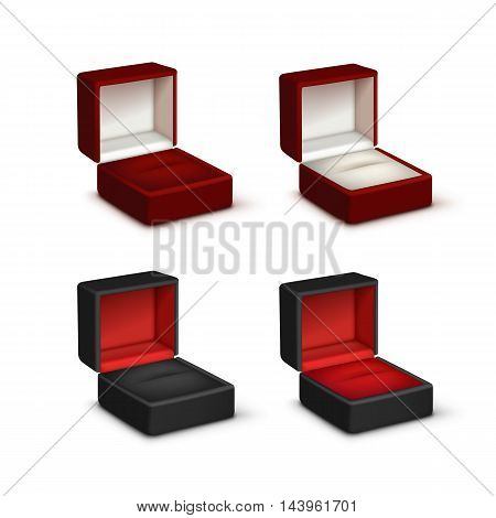 Vector Set of Empty Colored Red Black and White Velvet Opened gift jewelry boxes Close up Isolated on White Background