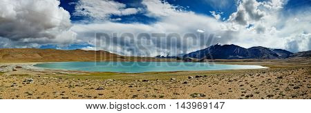 Panorama of Himalayan mountain lake Kyagar Tso in Himalayas, Ladakh, India