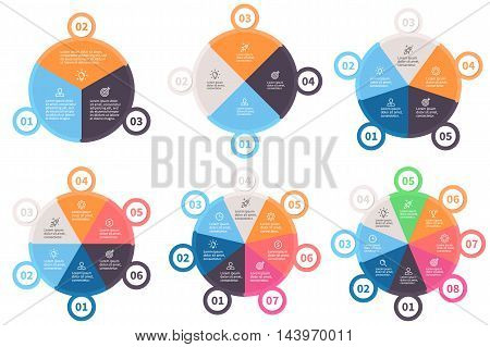 Infographic templates. Pie charts with 3 - 8 parts. Vector design elements