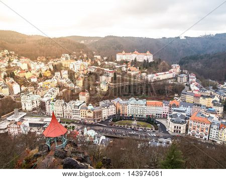 Aerial view of Karlovy Vary with spa, residential buildings and hotels in the valley of river Tepla, Czech Republic