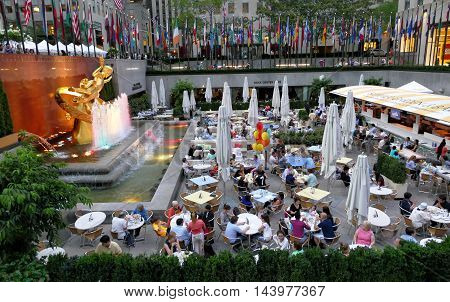 New York USA. 23rd August 2016. The golden Prometheus statue at the Rockefeller center