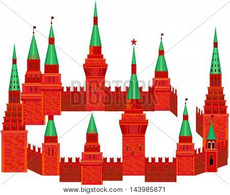 Red Kremlin are in the form of a circle on a white background. Fortress with towers and a clock