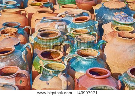 A Lot of Earthenware Crockery on the Pottery Market