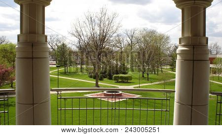 Defiance College Campus Fountain And West End Of Campus As Seen Through Two Columns, Defiance, Oh, A