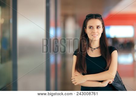 Travel Girl With Shopper Handbag In Airport Station Terminal