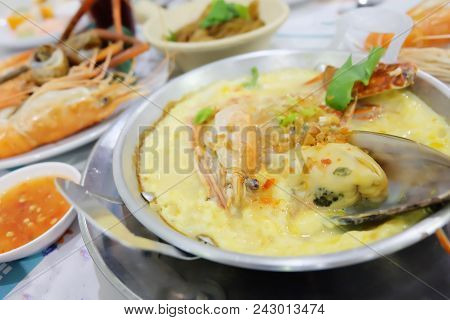 Seafood Steam Egg And Other Seafood Dishes On Table. Buffet Meal.