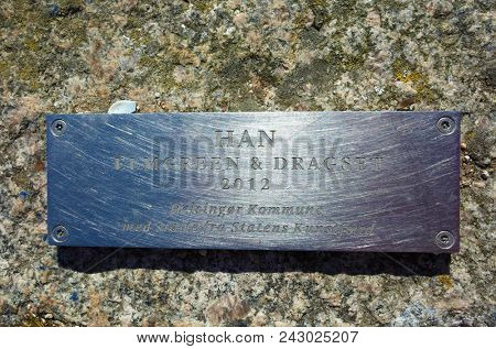 Helsingor, Denmark - 06 May, 2018: Name plate of sculpture 