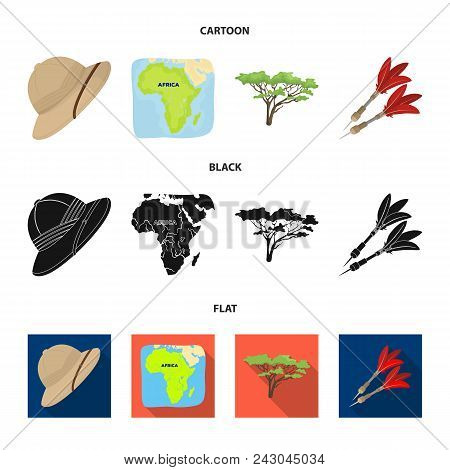 Cork Hat, Darts, Savannah Tree, Territory Map. African Safari Set Collection Icons In Cartoon, Black