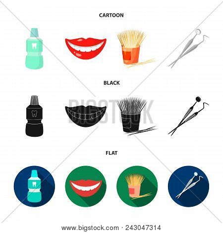 Dental Sterile Liquid In The Jar, Lips, Teeth, Toothpicks In The Jar, Medical Instruments For The De