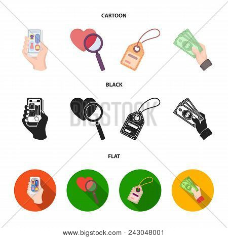Hand, Mobile Phone, Online Store And Other Equipment. E Commerce Set Collection Icons In Cartoon, Bl
