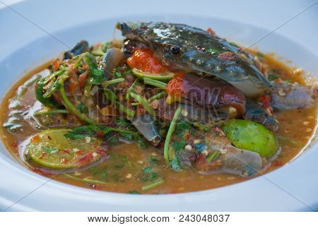 A Rawfood Of Fresh Roe Crab In Spicy Sauce Of Thai Recipe.