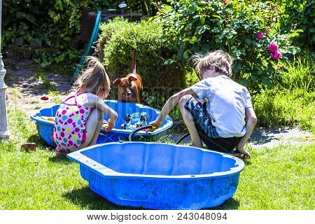 Adorable Little Girl And Boy Playing In A Sandbox.