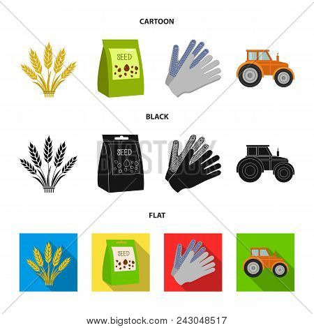 Spikelets Of Wheat, A Packet Of Seeds, A Tractor, Gloves.farm Set Collection Icons In Cartoon, Black