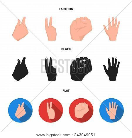 Open Fist, Victory, Miser. Hand Gesture Set Collection Icons In Cartoon, Black, Flat Style Vector Sy