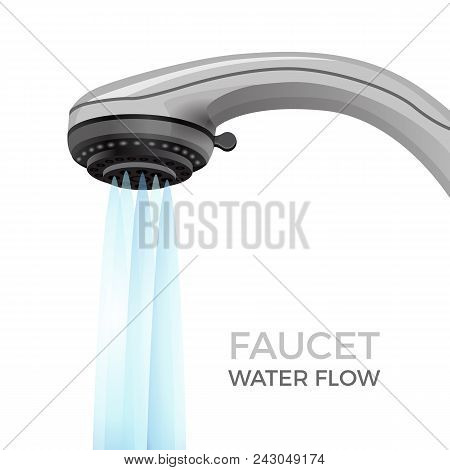 Faucet Water Flow Promo Banner With Shower Nozzle. Modern Bathroom Plumbing Equipment With Powerful 