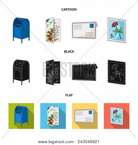 Mailbox, Congratulatory Card, Postage Stamp, Envelope.mail And Postman Set Collection Icons In Carto