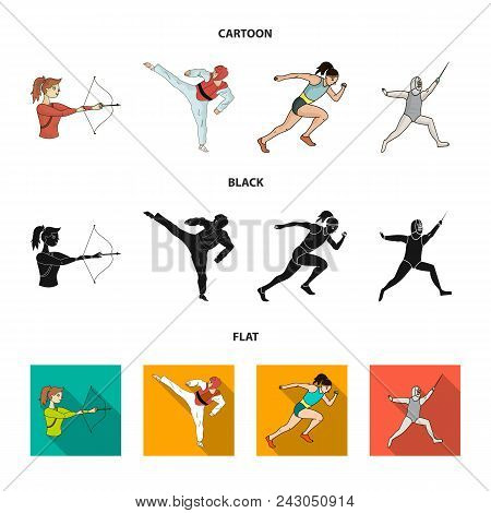 Archery, Karate, Running, Fencing. Olympic Sport Set Collection Icons In Cartoon, Black, Flat Style 