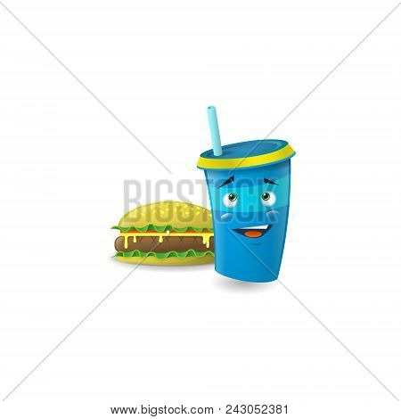 Color Illustration Of A Blue Cartoon Funny Shy  Paper Cup With Straws With Burger