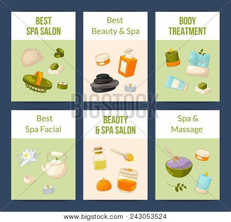 Vector Card Or Flyer Templates Set With Cartoon Beauty And Spa Elements With Place For Text Illustra