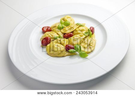 Pasta Dish, Shellfish Ravioli With Confit Datterini Tomatoes And Basil