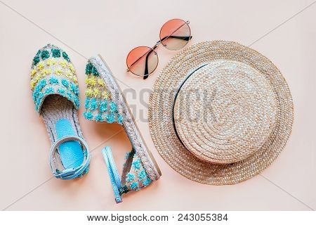Summer Fashion Flatlay With Espadrille Sandals, Gradient Round Sunglasses And Straw Hat On The Beige