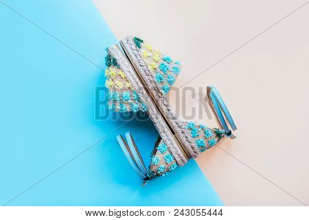 Summer Fashion Flatlay With Gradient Espadrille Sandals On The Two-toned Blue And Beige Background. 