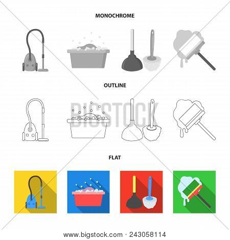 Cleaning And Maid Flat, Outline, Monochrome Icons In Set Collection For Design. Equipment For Cleani