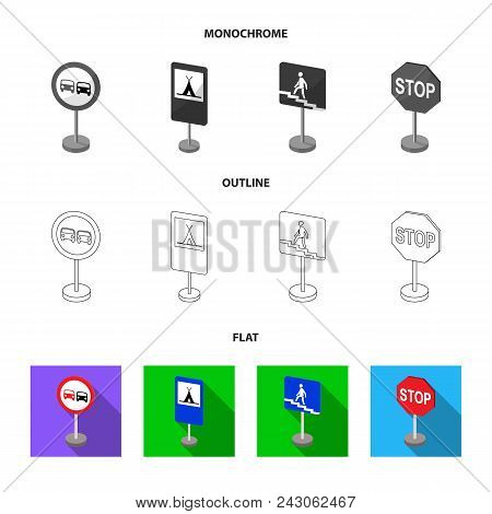 Different Types Of Road Signs Flat, Outline, Monochrome Icons In Set Collection For Design. Warning 